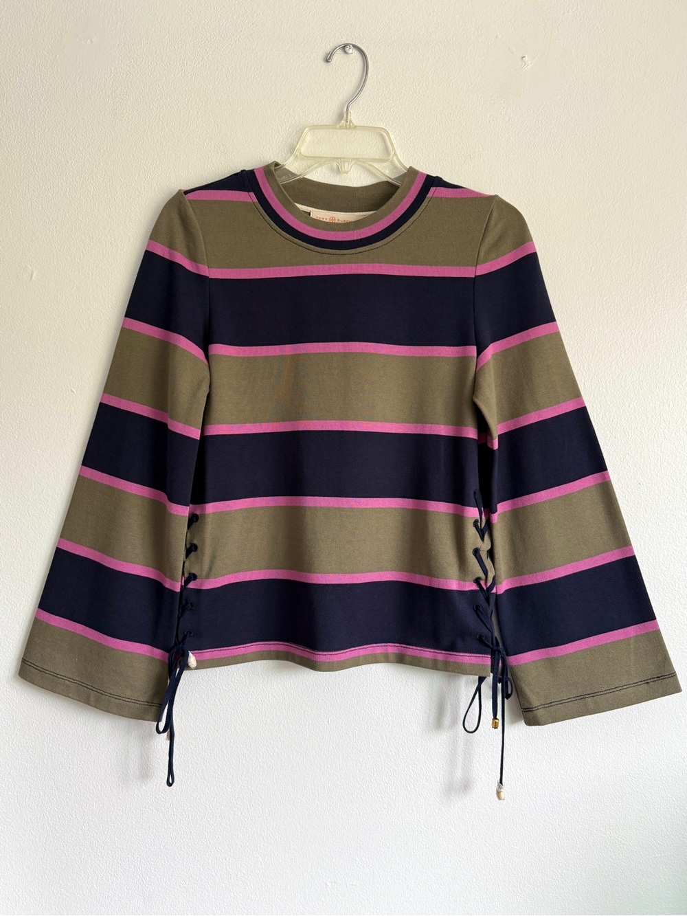 $258 Tory Burch  Lace Up Striped Top Size XS Color Navy Pink Olive Stripe